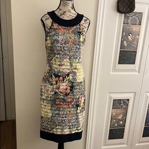 Joseph Ribkoff Multicolor Floral Ruching Midi Dress with Black Trim